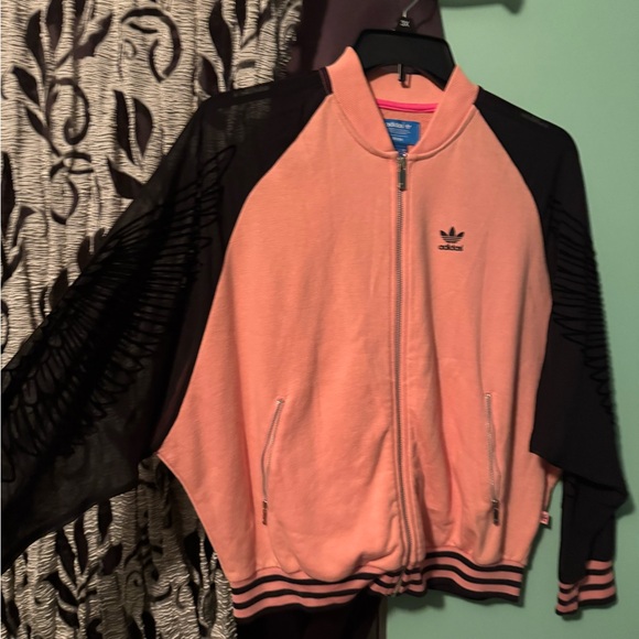 adidas Originals Women's Pink Flocked Wing Mesh Bomber Jacket S Track Top - Picture 2 of 6